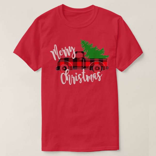Merry Christmas Buffalo Truck Tree Red Plaid 3 T-Shirt (Design Front)