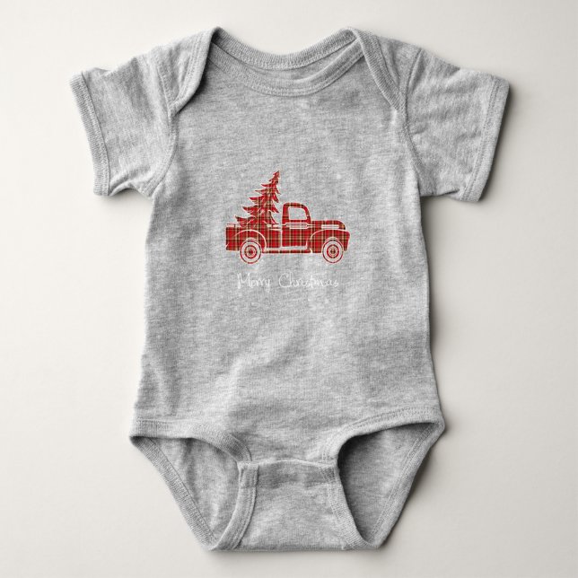 Merry Christmas Buffalo Truck Tree Red Plaid For M Baby Bodysuit (Front)