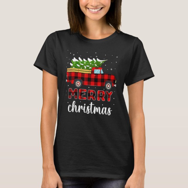 Merry Christmas Buffalo Truck Tree Red Plaid For M T-Shirt (Front)