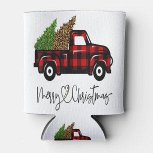 Merry Christmas Buffalo Truck Tree Red Plaid Leopa Can Cooler