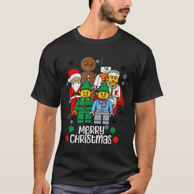Merry Christmas Building Bricks Santa Elf Snowman  T-Shirt (Front)