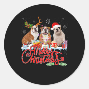 Merry Christmas Bulldog Lover Santa Reindeer Light Classic Round Sticker