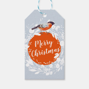Merry Christmas Bullfinch Bird Snowy Wreath Winter Gift Tags