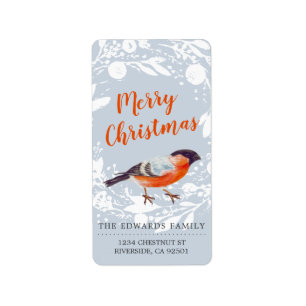 Merry Christmas Bullfinch Bird Snowy Wreath Winter Label
