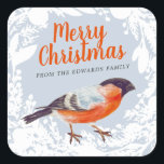 Merry Christmas Bullfinch Bird Snowy Wreath Winter Square Sticker<br><div class="desc">Elegant christmas sticker. Winter holiday illustration with bullfinch and white shabby wreath of fir branches,  leaves,  berries and oranges on blue grey background. Text "Merry Christmas". Add your name.</div>