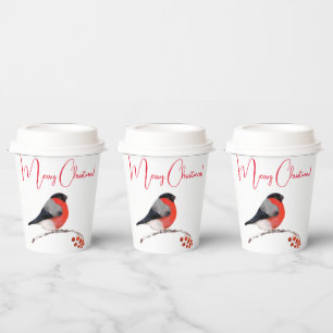 Merry christmas, Bullfinch in winter day Paper Cups