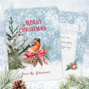 Merry Christmas Bullfinch Winter Tree Elegant Holiday Card