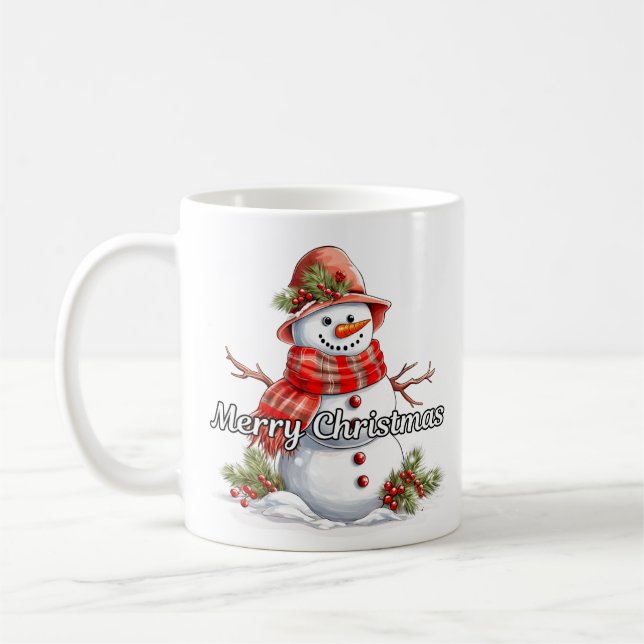 Merry Christmas Bundled-up Little Snowman Coffee Mug (Left)