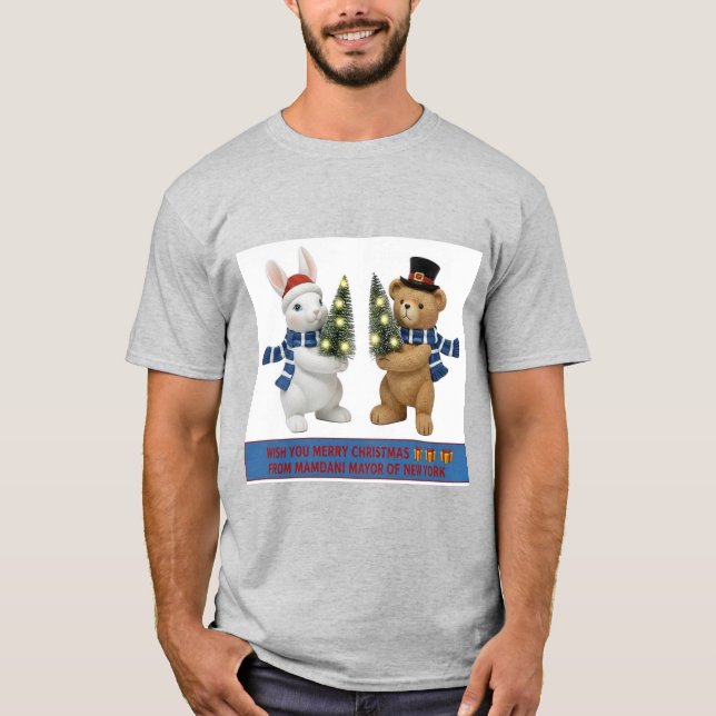Merry Christmas Bunny and Bear Holding Trees T-Shi T-Shirt (Front)