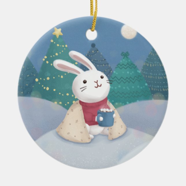 Merry Christmas: Bunny Illustration Ceramic Tree Decoration (Front)