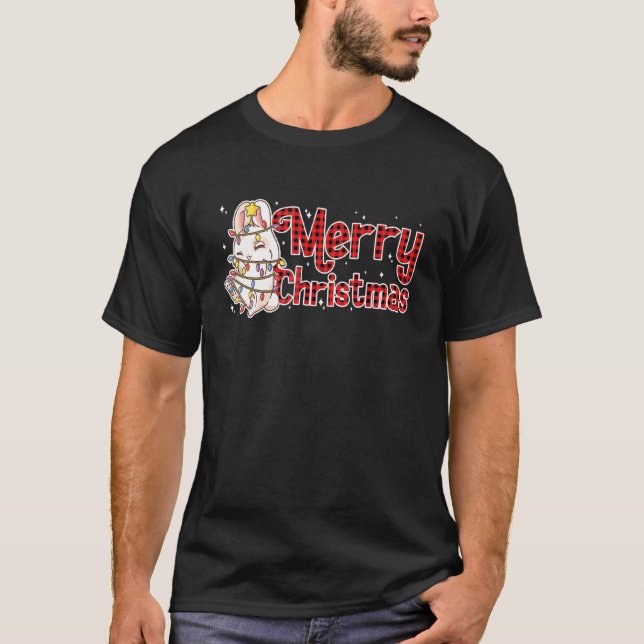 Merry Christmas Bunny Rabbit Red Plaid Xmas Tree F T-Shirt (Front)