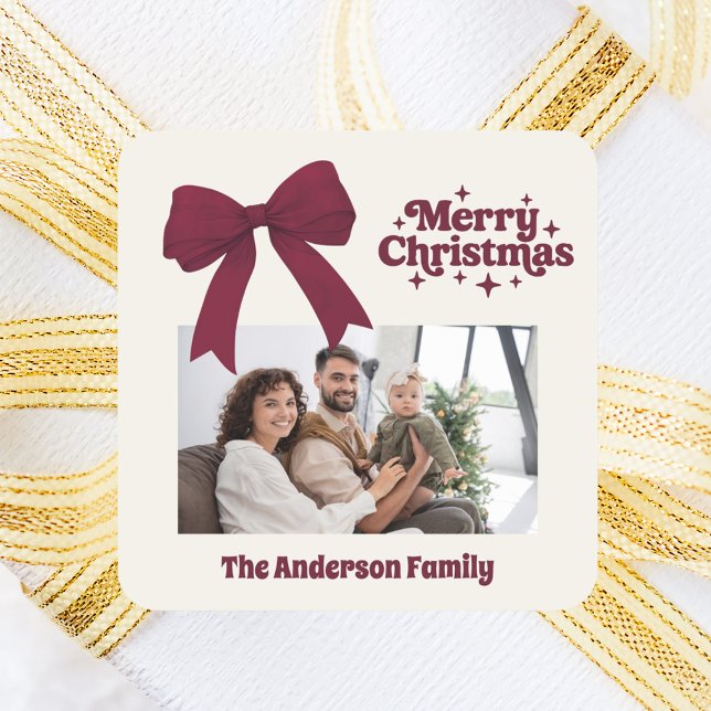 Merry Christmas burgundy bow beige retro photo Square Sticker (Creator Uploaded)