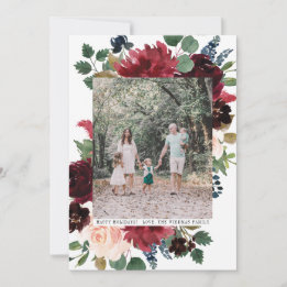 Merry Christmas Burgundy Florals Photo Newsletter Holiday Card
