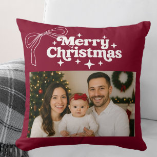 Merry Christmas burgundy photo bow hand-drawn Cushion
