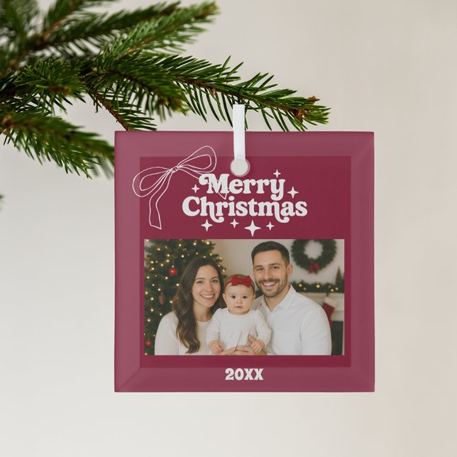 Merry Christmas burgundy photo bow hand-drawn Glass Tree Decoration (Creator Uploaded)