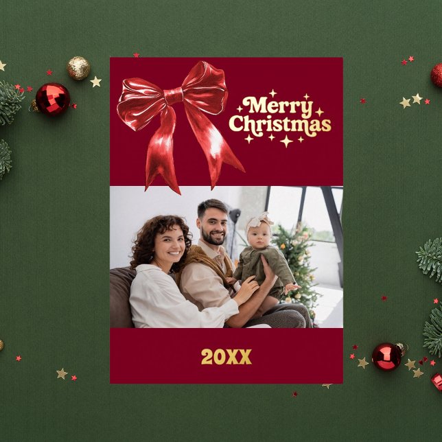 Merry Christmas burgundy red bow retro photo gold (Creator Uploaded)