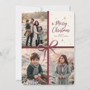 Merry Christmas Burgundy Ribbon Photo Collage Holiday Card