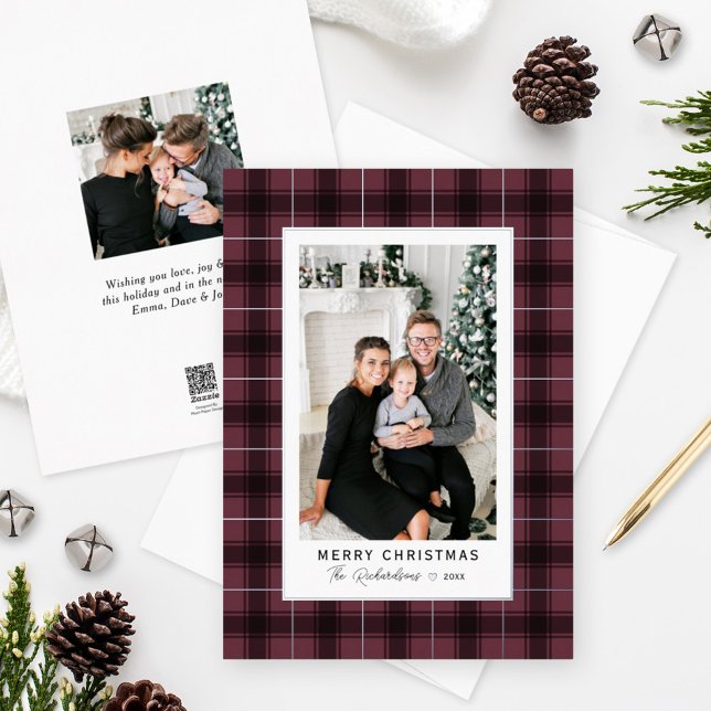 Merry Christmas Burgundy Silver Tartan Plaid Photo (Creator Uploaded)