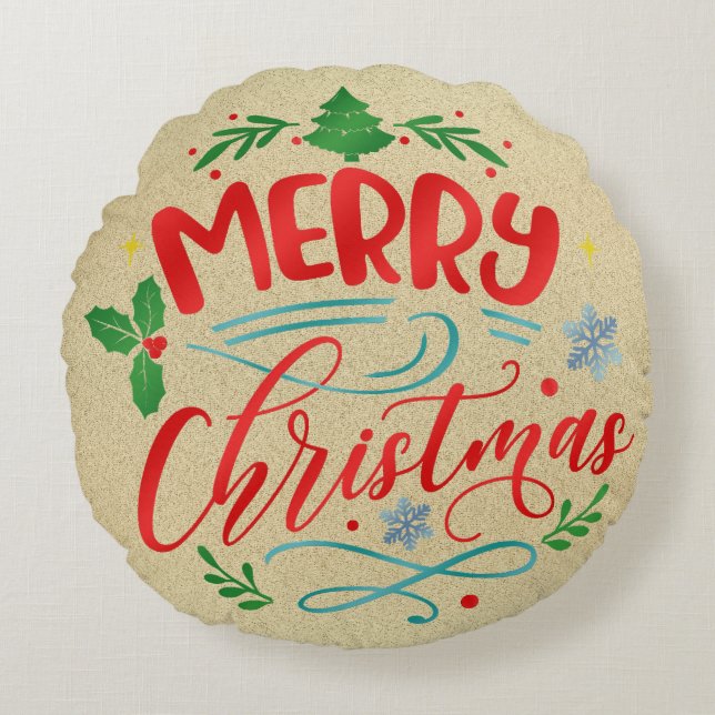 Merry Christmas Burlap Design Round Cushion (Front)