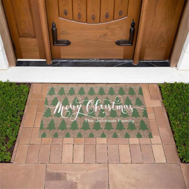 Merry Christmas Burlap Tree Pattern Doormat (Outdoor)