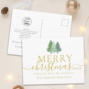 Merry Christmas Business Logo Gold Script Woodland Holiday Postcard