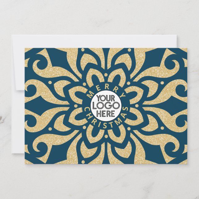 Merry Christmas Business Logo Snowflake Blue Gold  Holiday Card (Front)