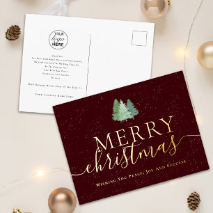 Merry Christmas Business Logo Snowy Fir Trees Gold Foil Holiday Postcard