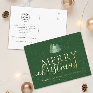 Merry Christmas Business Logo Snowy Fir Trees Gold Foil Holiday Postcard