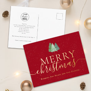 Merry Christmas Business Logo Snowy Fir Trees Gold Foil Holiday Postcard