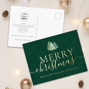 Merry Christmas Business Logo Snowy Fir Trees Gold Foil Holiday Postcard