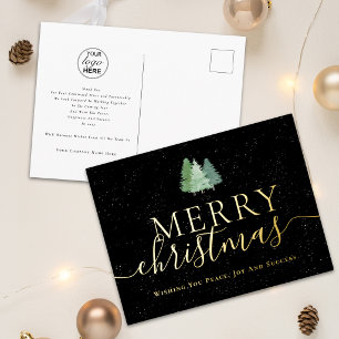 Merry Christmas Business Logo Snowy Fir Trees Gold Foil Holiday Postcard