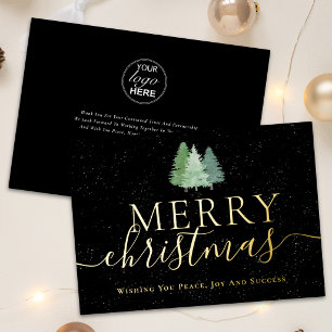 Merry Christmas Business Logo Snowy Trees Gold