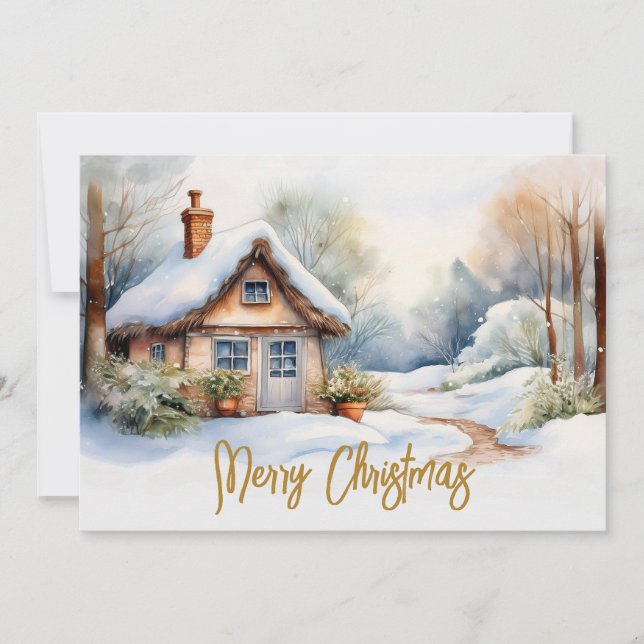 Merry Christmas Cabin in snowy landscape Holiday Card (Front)