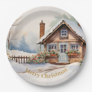 Merry Christmas Cabin in snowy landscape Paper Plate