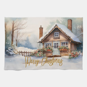 Merry Christmas Cabin in snowy landscape Tea Towel