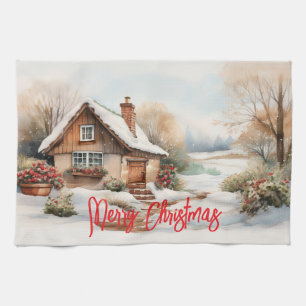 Merry Christmas Cabin in snowy landscape Tea Towel