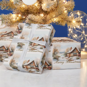 Merry Christmas Cabin in snowy landscape Wrapping Paper