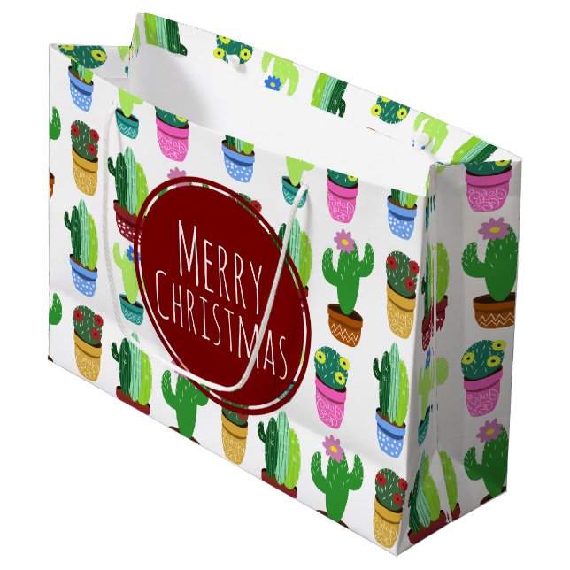 Merry Christmas Cactus Pattern Large Gift Bag (Front Angled)