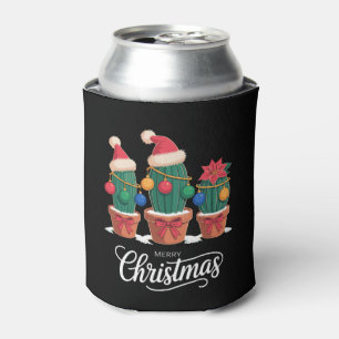 Merry Christmas Cactus Santa Hat Poinsettia Xmas Can Cooler