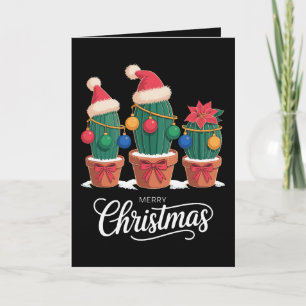 Merry Christmas Cactus Santa Hat Poinsettia Xmas Card