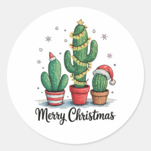 Merry Christmas Cactus Tree Festive Xmas Lights Classic Round Sticker