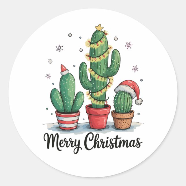 Merry Christmas Cactus Tree Festive Xmas Lights Classic Round Sticker (Front)
