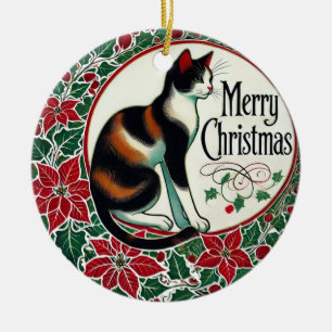 Merry Christmas Calico Cat Ceramic Tree Decoration