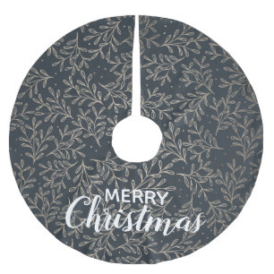 Merry Christmas Caligraphy on Blue Organic Pattern Brushed Polyester Tree Skirt