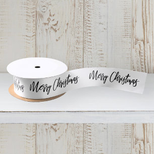 Merry Christmas Calligraphy Black White Holiday Satin Ribbon