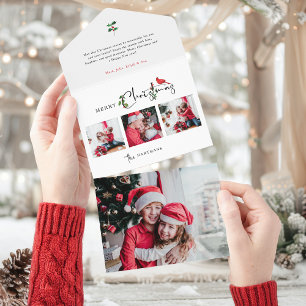 Merry Christmas Calligraphy Botanical 3 Photo All In One Invitation