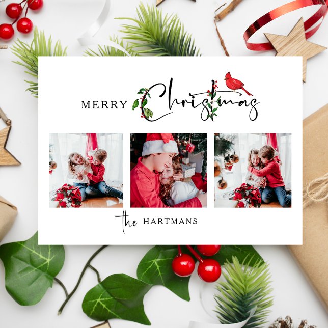 Merry Christmas Calligraphy Botanical 3 Photo Holiday Card (Creator Uploaded)