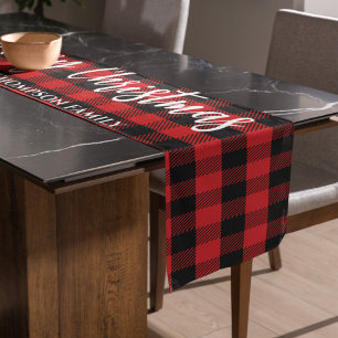 Merry Christmas Calligraphy Buffalo Check Pattern Short Table Runner