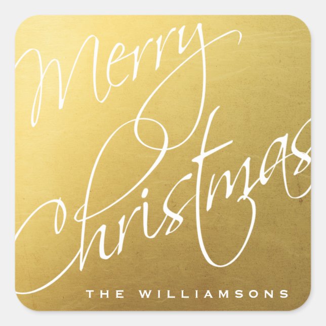 Merry Christmas Calligraphy Chic Gold Custom Square Sticker (Front)