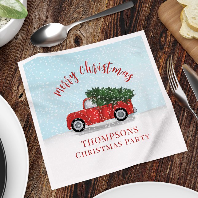 Merry Christmas Calligraphy Cute Rustic Red Truck Napkin (Merry Christmas Vintage red Truck Holiday Custom Napkins.)